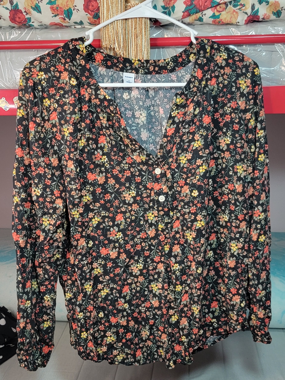 Old Navy Black Floral V-Neck Long Sleeve Dress Size Medium